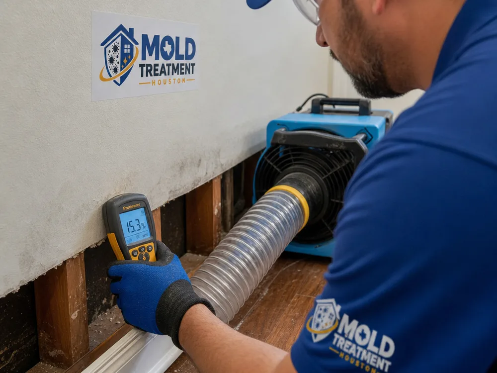 Moisture meter checking drywall beside a removed baseboard and targeted wall-cavity drying setup