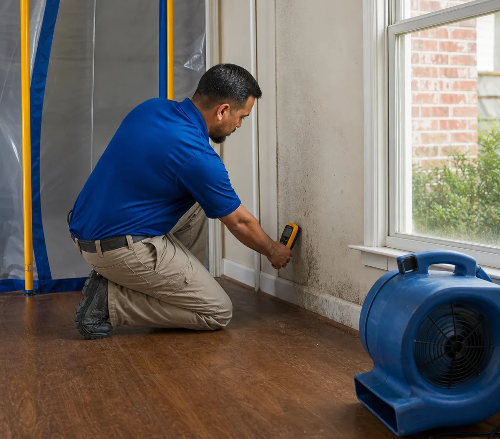 Technician inspecting a Houston home for recurring mold with a moisture meter near an exterior wall
