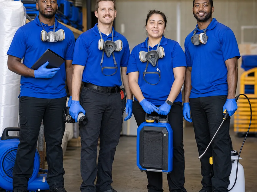 Mold treatment technicians with protective equipment and remediation tools